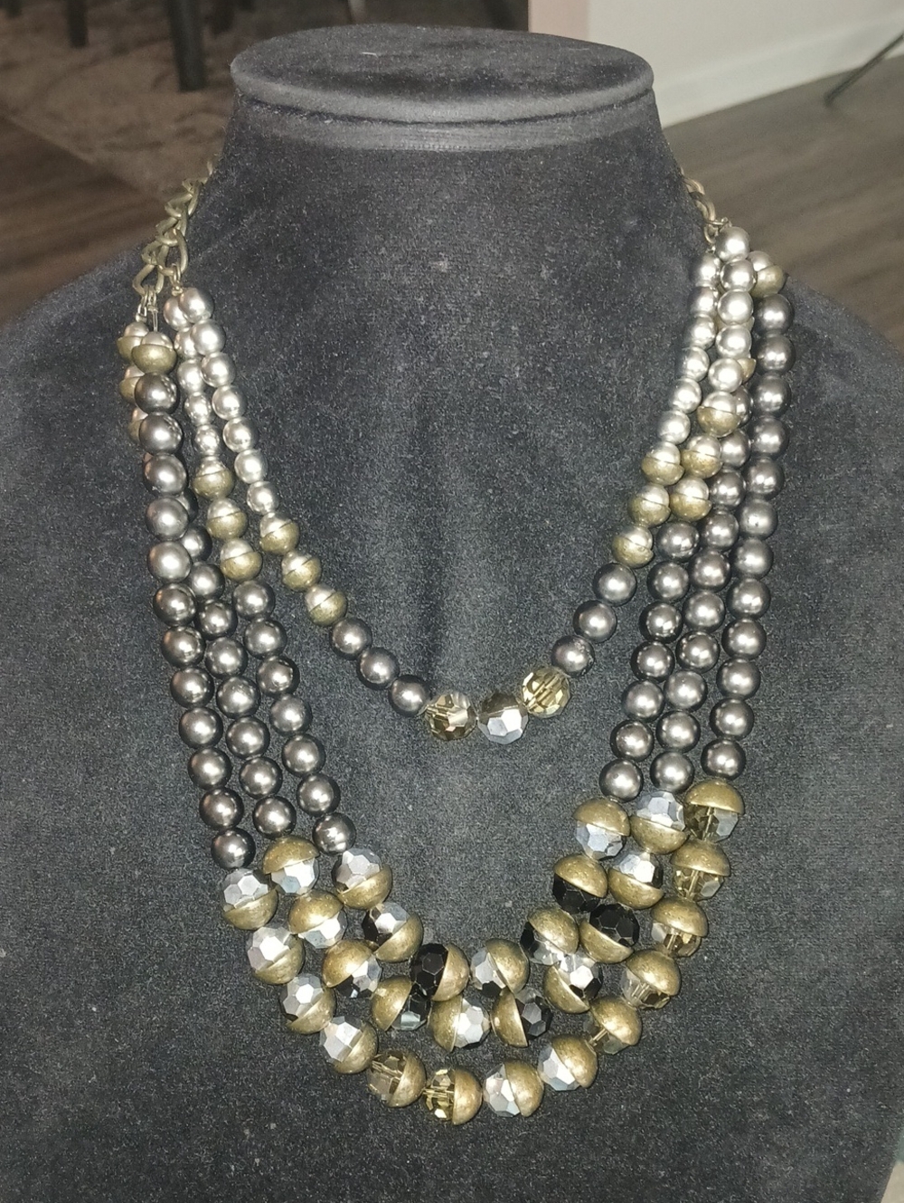 Multi-Strand Metallic Bead Necklace - Gold and Pewter